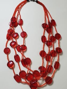Red Multi-Strand Beaded Statement Necklace - Women's Jewelry